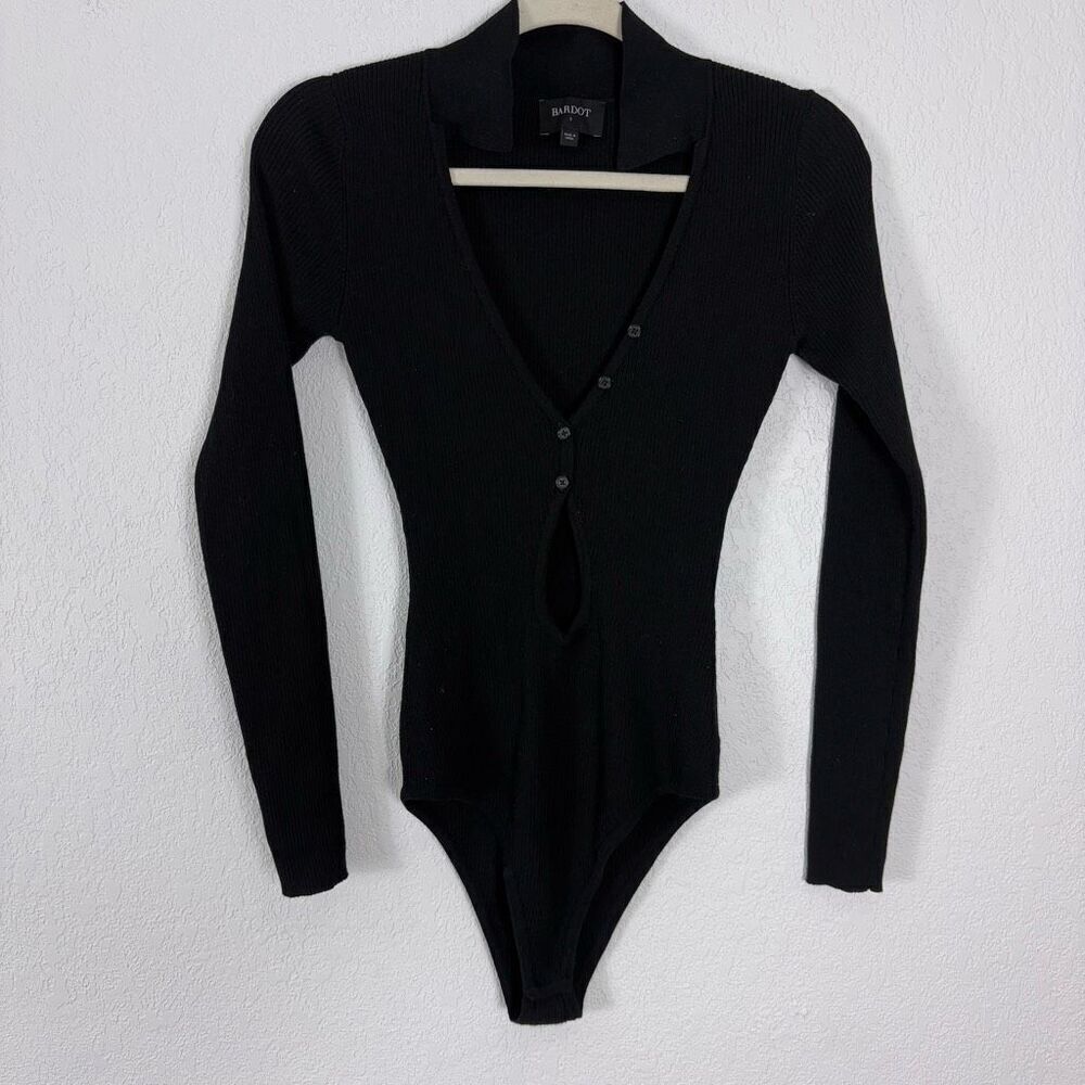 Bardot Black Ribbed Collared Henley Cutout Long Sleeve Cheeky Bodysuit Small
